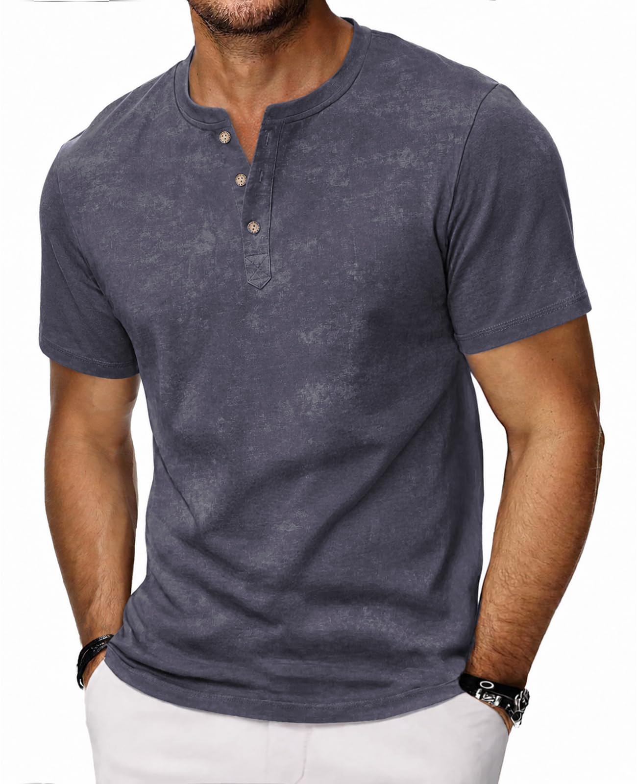HMIYA Hemd Herren 100% Baumwolle Vintage Henley Shirt Kurzarm T-Shirts für Herren Sommerhemd Beiläufig Männer