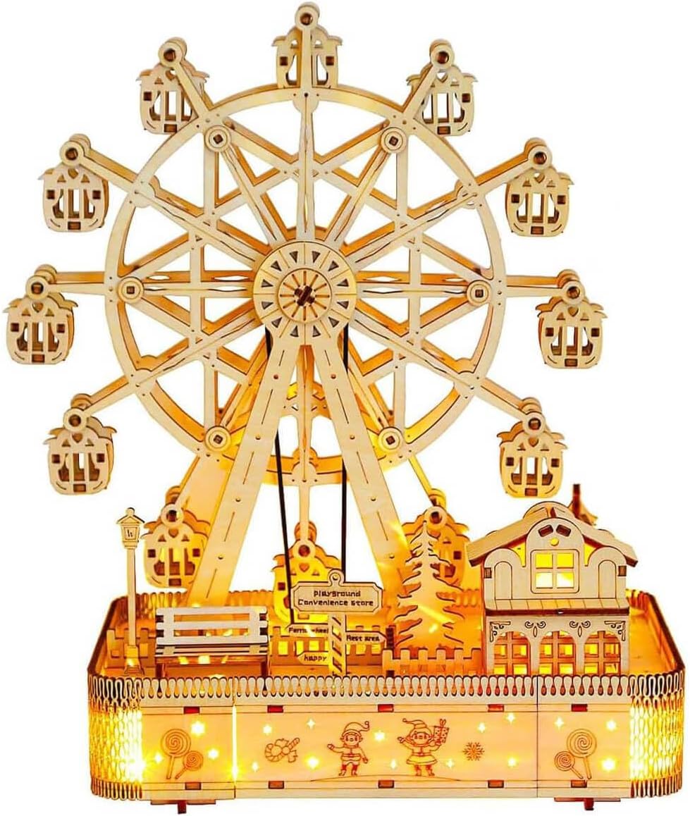 3D Wooden Puzzles for Adults 183pcs LED Light Music Ferris Wheel DIY Wooden Assembly Kit for Teens Home Decor