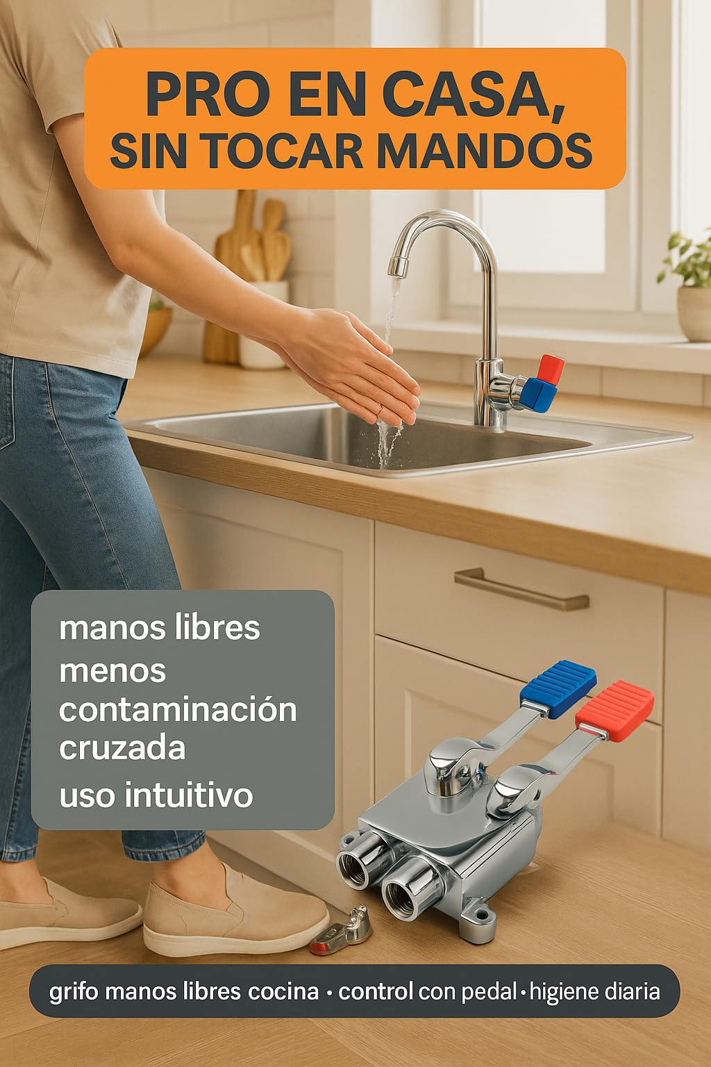 RO Linea Blanca ® Grifo Pedal Doble Mezclador Para Fregadero Agua Fria Y Caliente Acero Inoxidable Entradas Y Salida 1 2 Hembra Montaje En Suelo Bajo Fregadero Ahorro Agua Manos Libres Hosteleria