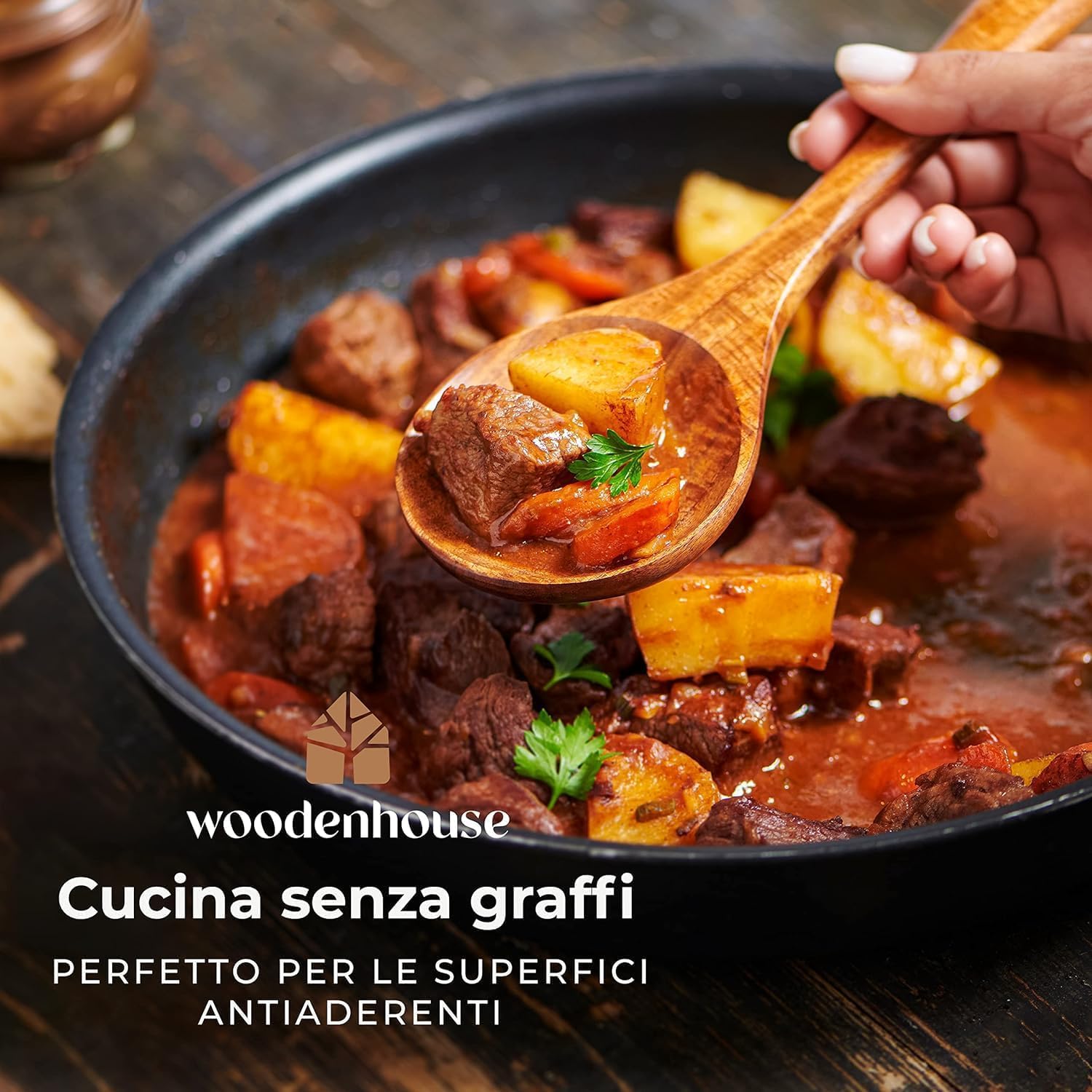 Set Utensili Cucina in Legno 10 Pezzi - Spatola Cucina e Cucchiai Legno, Accessori Cucina Fatti a Mano, Utensili Cucina Robusti e Leggeri, Ideali per Pentole e Padelle Antiaderenti, Antigraffio
