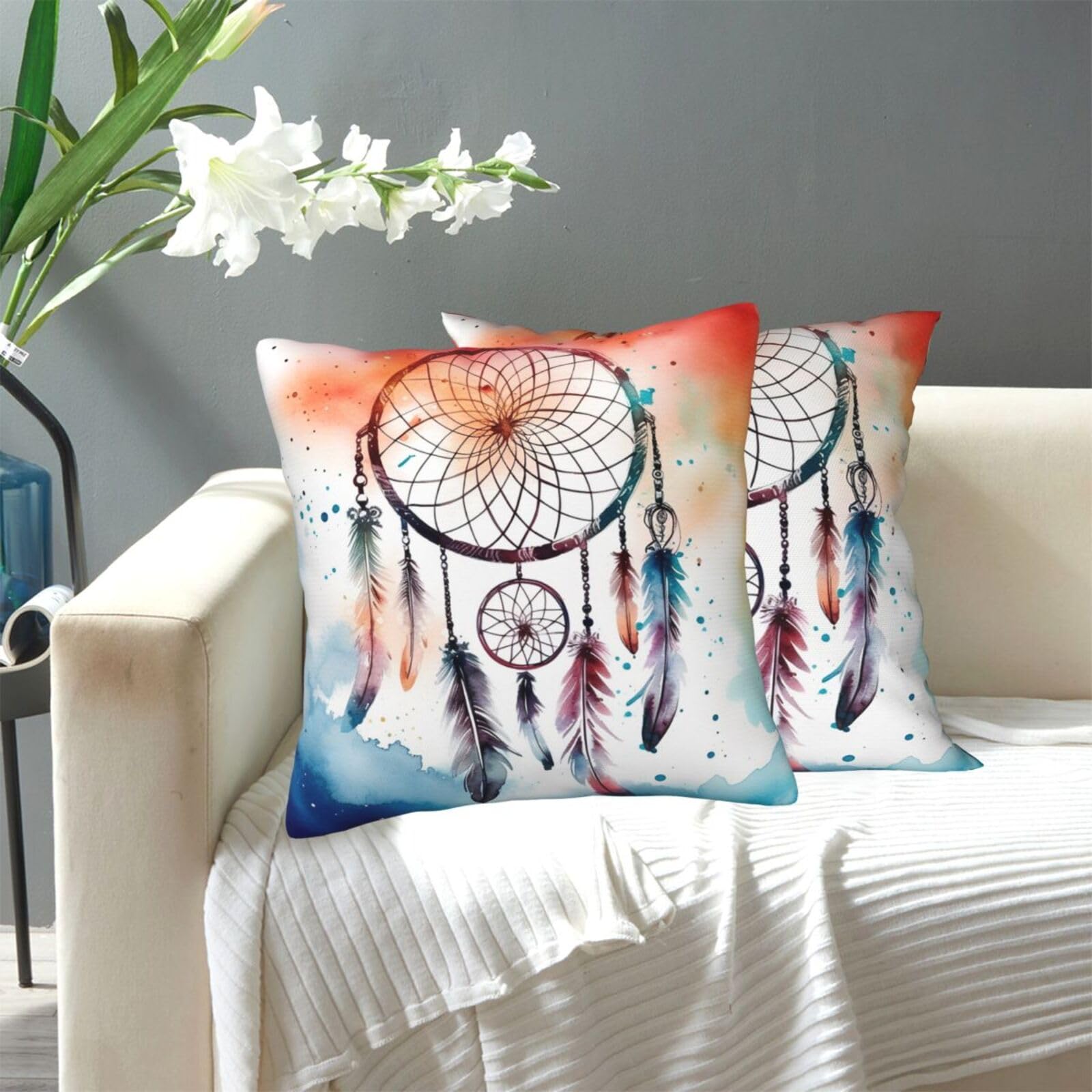 FekiLoot Decorative Throw Pillow Covers Modern Farmhouse Pillowcase Double Sided Cozy Cushion Cover for Sofa Couch Bed 20"X20" Watercolor Dream Catcher