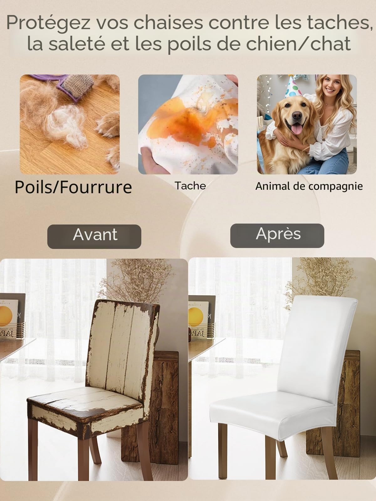 Lot de 6 housses de chaise en cuir synthétique blanc, élastiques et imperméables, lavables et amovibles, universelles pour salle à manger, cuisine, restaurant, hôtel et mariage