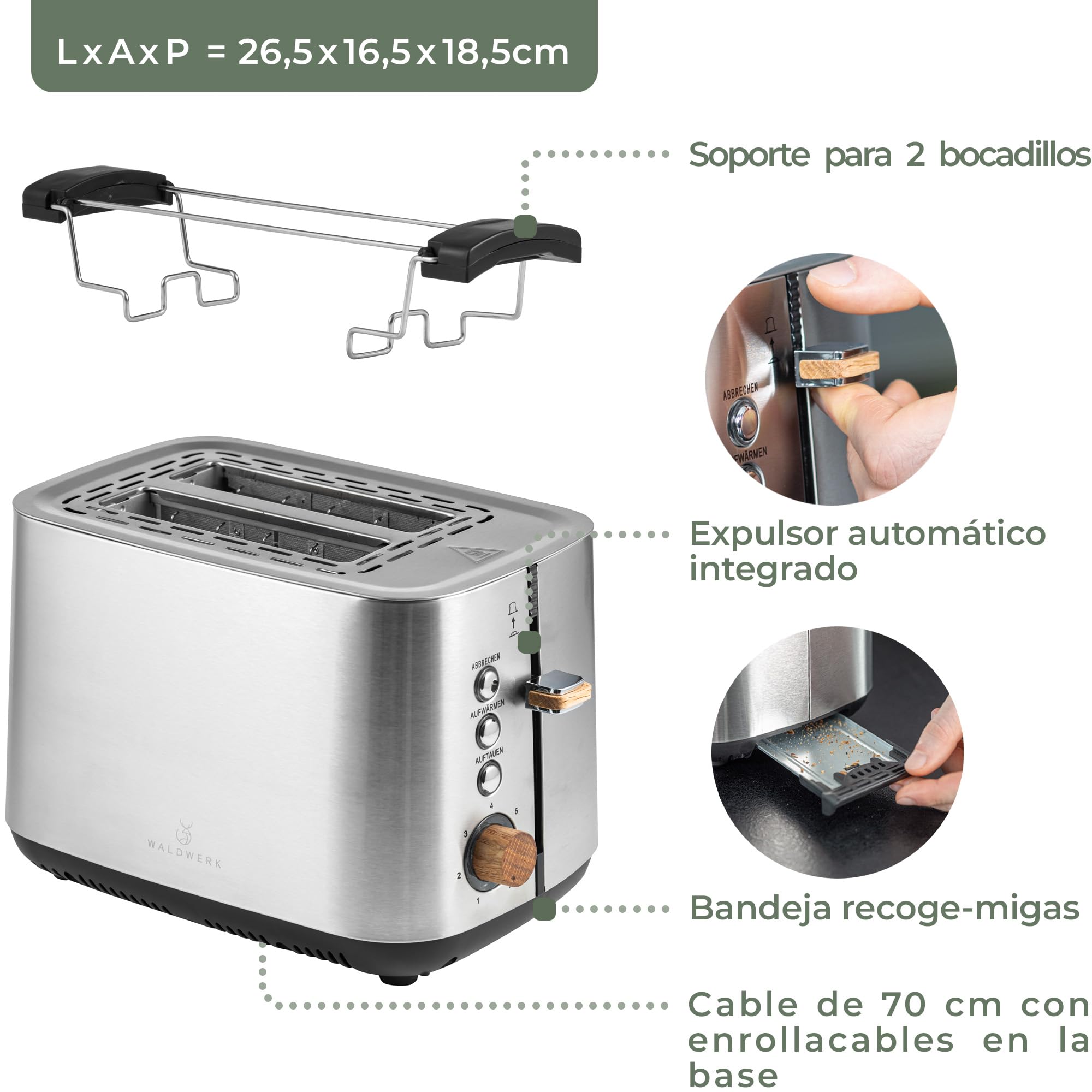 WALDWERK Tostadora Pan diseño – Tostador de acero inoxidable 304 y madera de roble – para 2 rebanadas – con soporte para panecillos – con ranuras extra anchas y profundas – con bandeja recogemigas