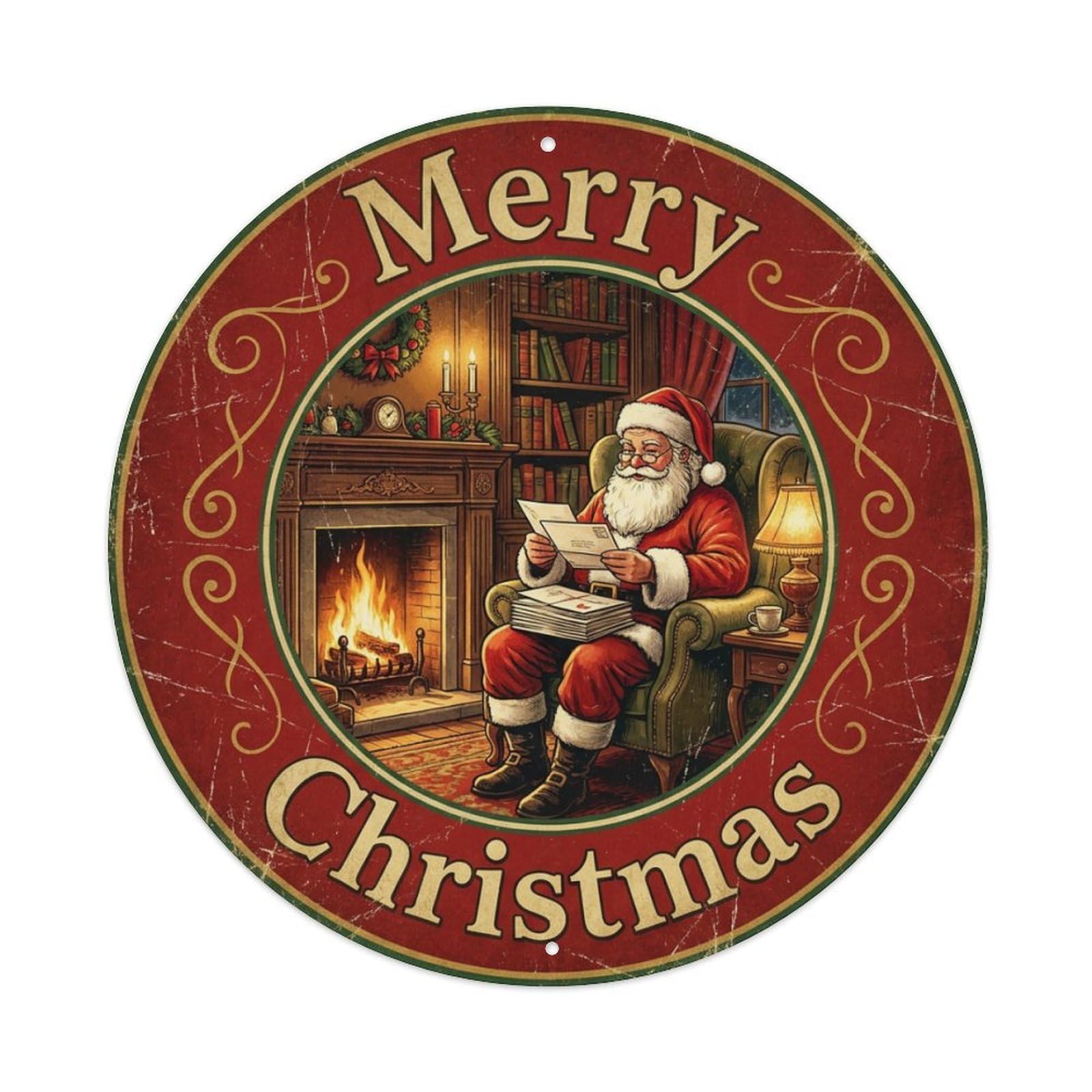 Merry Christmas Santa Reading Letters Metal Tin Sign