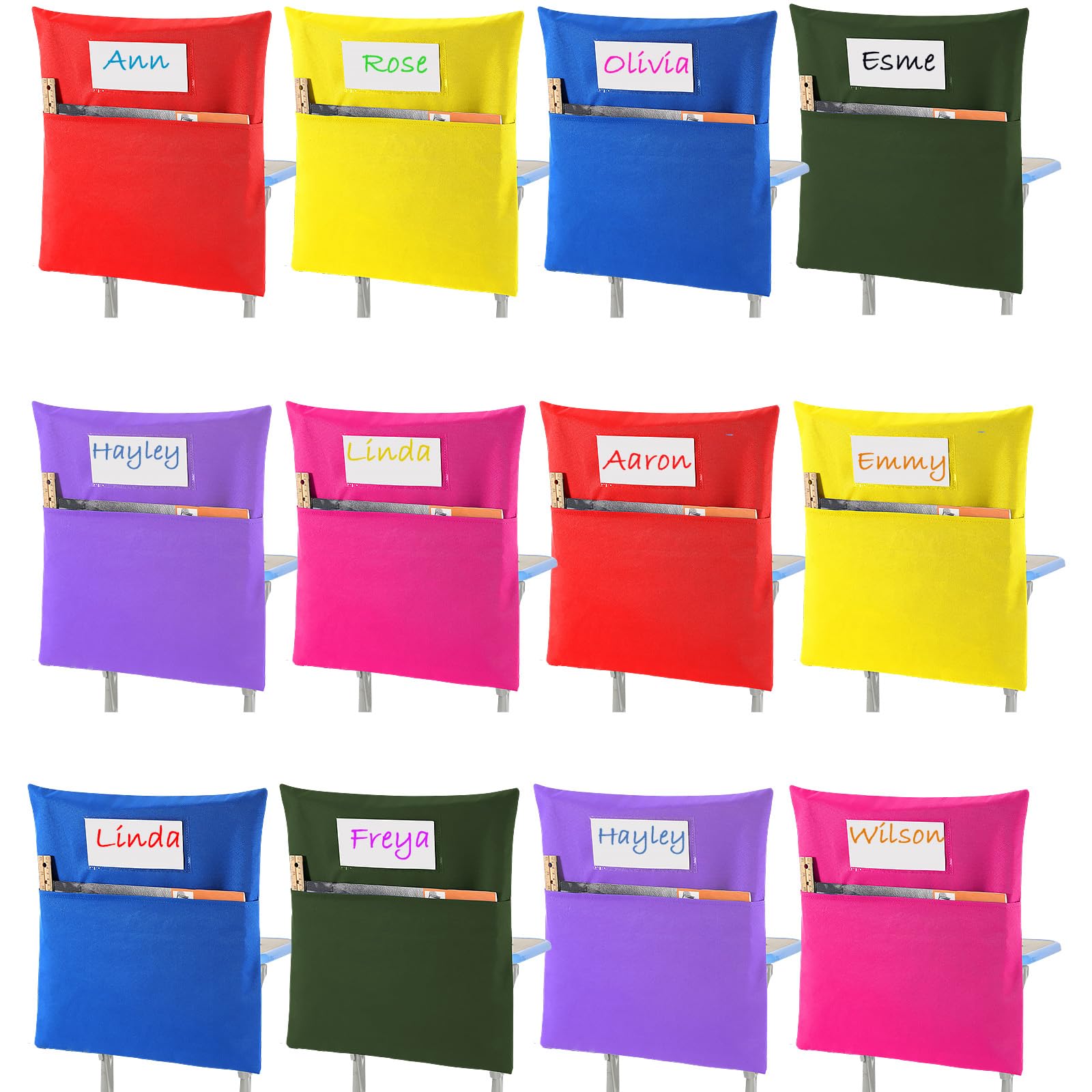 Sanwuta 24 Pcs Chair Pockets for Classrooms - 19 x 17 Inch Student Chair Pockets with Name Tag Classroom Seat Organizer for Kindergarten Primary School Home(Multicolor)