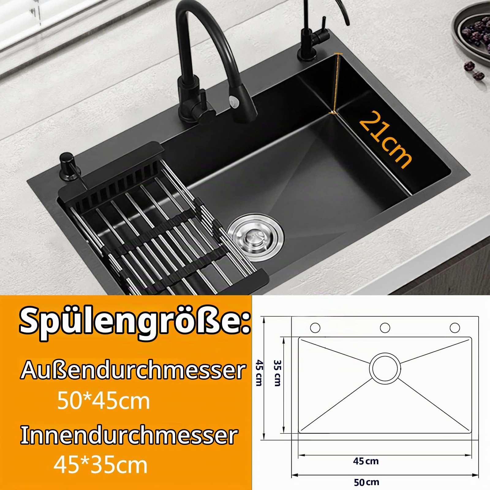 Spülbecken Schwarz mit Armatur, 3-Loch Küchenspülen Set | Praktisches Waschbecken Küche ,Spüle Edelstahl mit Trinkwasserhahn, Seifenspender und Ablaufgarnitur
