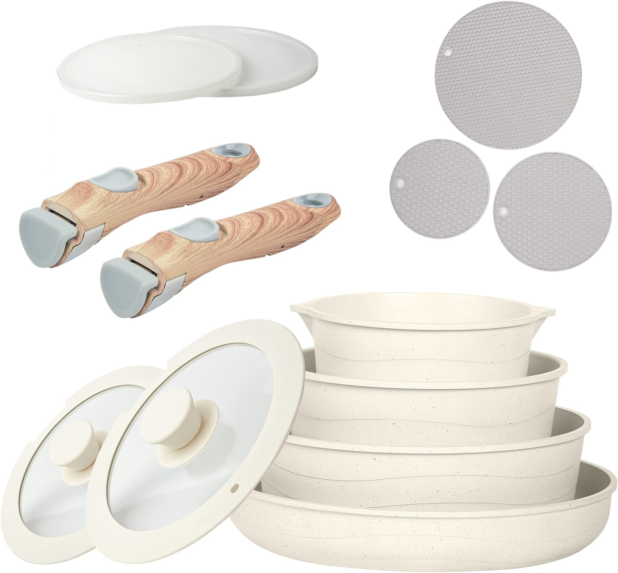 Caannasweis Pots and Pans Set, Nonstick Cookware Sets Detachable Handle, Induction Kitchen Cookware Set Non Stick with Removable Handle, RV Cookware Set, Oven Safe (Beige, 4 Pots)