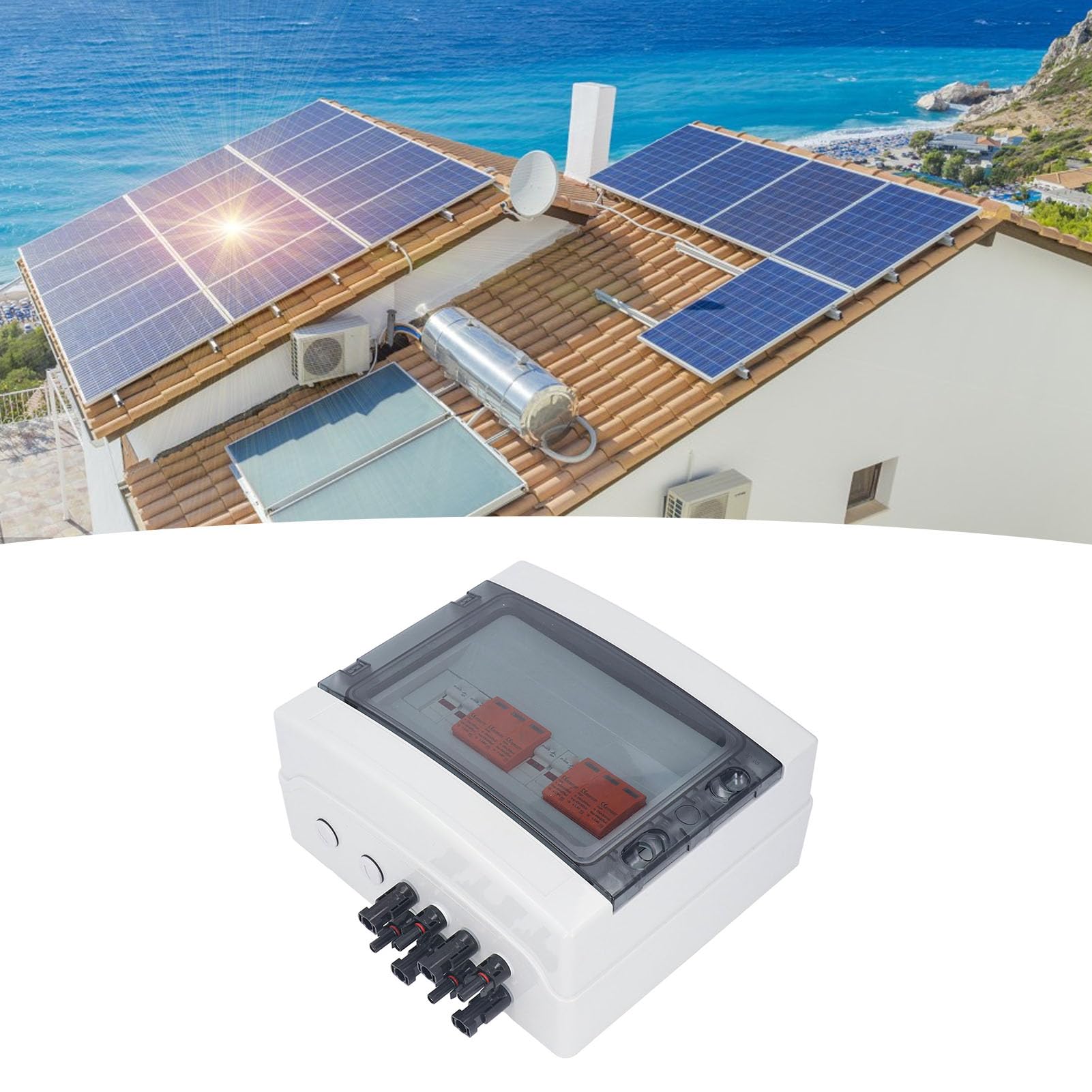 ViaGasaFamido Skrzynka Przyłączeniowa PV, Wodoodporna Skrzynka Przyłączeniowa IP65 DC 1000 V, Ognioodporny PC ABS, 2 Wejścia 2 Wyjścia, Bezpiecznik 15 A i Zabezpieczenie Przeciwprzepięciowe 40KA do