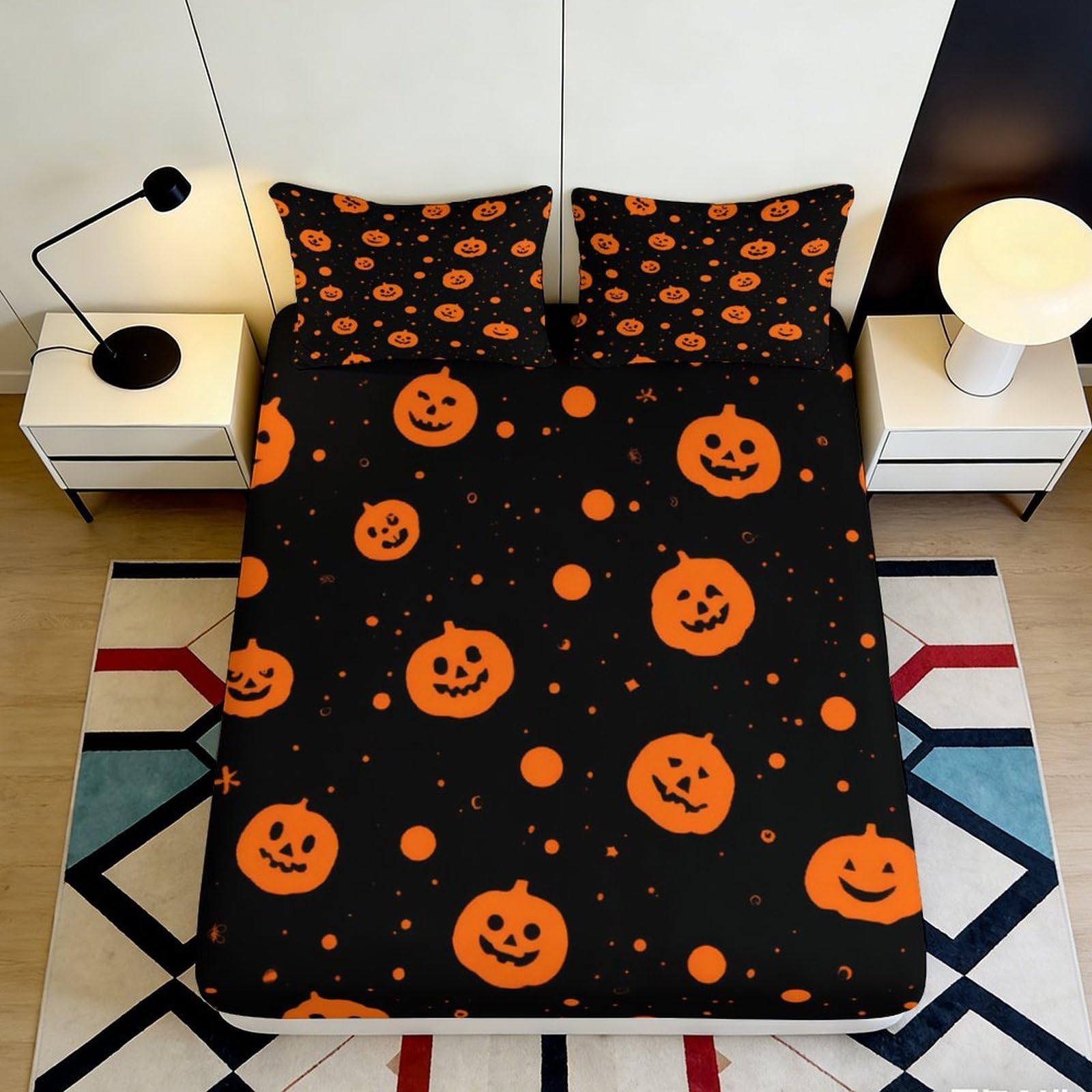 3D Printed Pumpkin Fitted Sheet Microfiber Deep Pocket Non-Slip Halloween Mattress Fitted Cover for Bedroom Décor 180x200x25cm