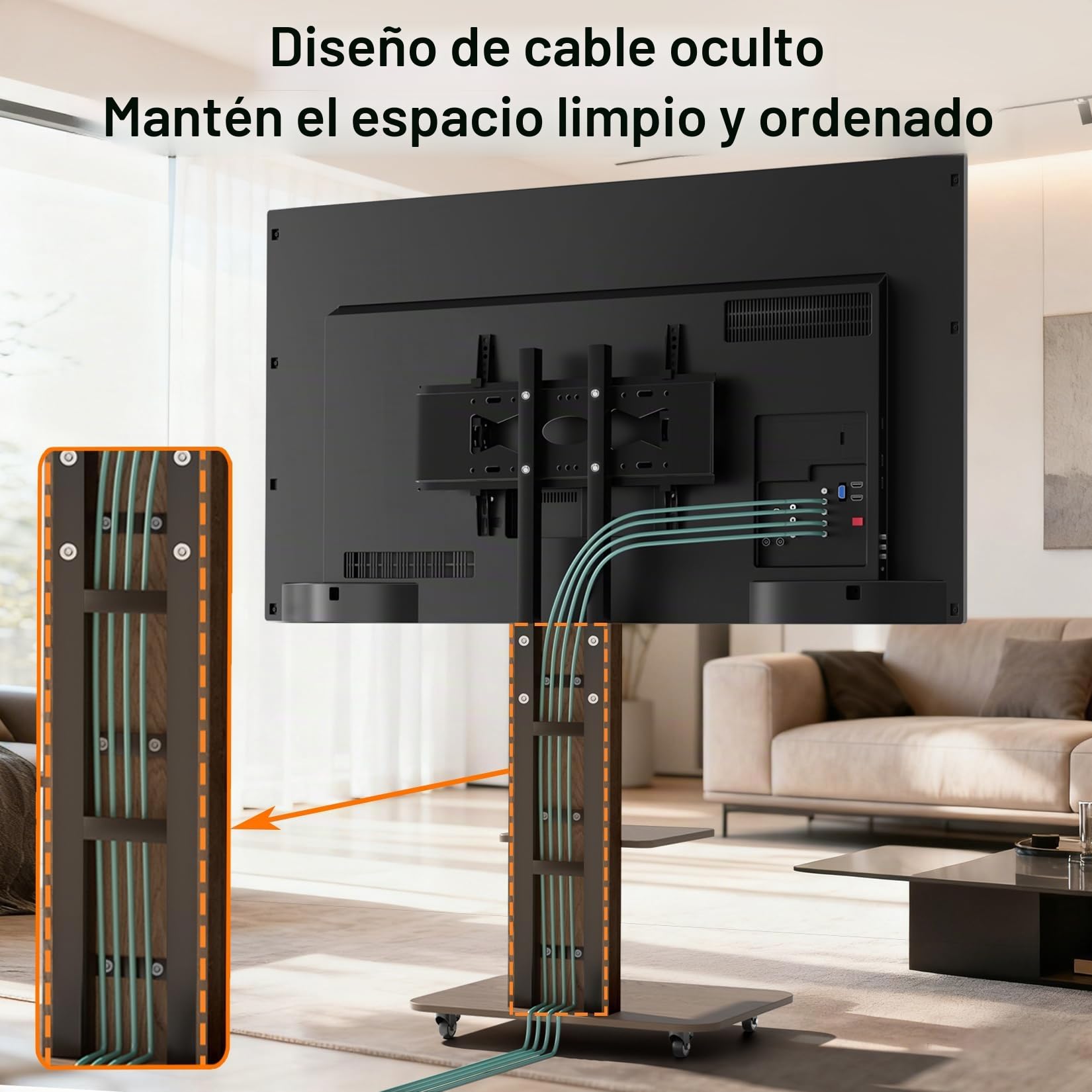 UNHO Soporte TV con Ruedas de Madera para 40-75 Pulgadas, Inclinación ±10° | Soporte Televisión Suelo Ajustable en Altura para LCD/LED, 2 Estantes, VESA 200x300 - 600x400 mm, Hasta 60 kg