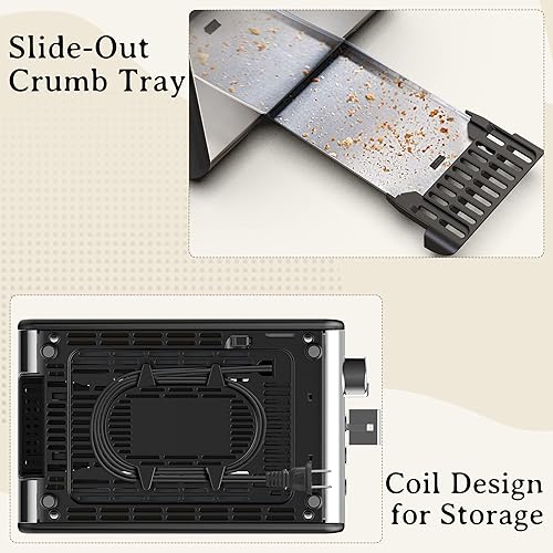 Miniatura 6 de YIOU Tostadora de 2 rebanadas, tostadora de 2 rebanadas de acero inoxidable de 1.5 pulgadas, ranuras extra anchas de 1.5 pulgadas, 6 ajustes de