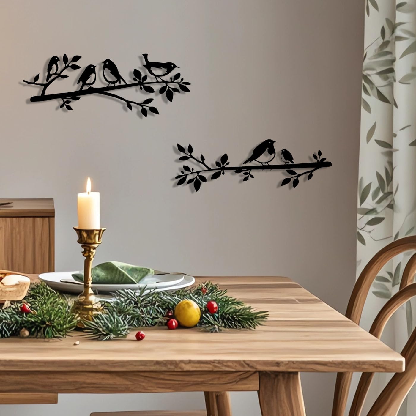 Oiseaux muraux en métal sur une branche,Décoration murale oiseaux en métal,Décoration murale en forme de feuilles avec silhouette d'oiseaux,Décoration jardin ou balcon,pour Décoration Murale (2)