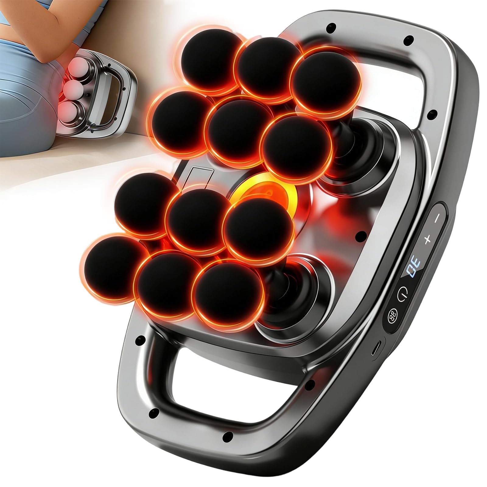 Pistolet de Massage 12 Têtes Tissu Profond pour Dos Jambes Nuque avec Chaleur 9 Modes 9 Intensités Silencieux 35dB Masseur Corporel