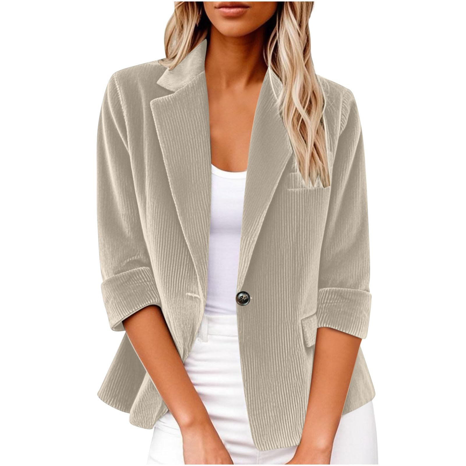 Corduroy Blazers for Womens Notch Lapel Open Front 3 4 Sleeve Jackets Casual Work Vintage Button Blazer Jackets