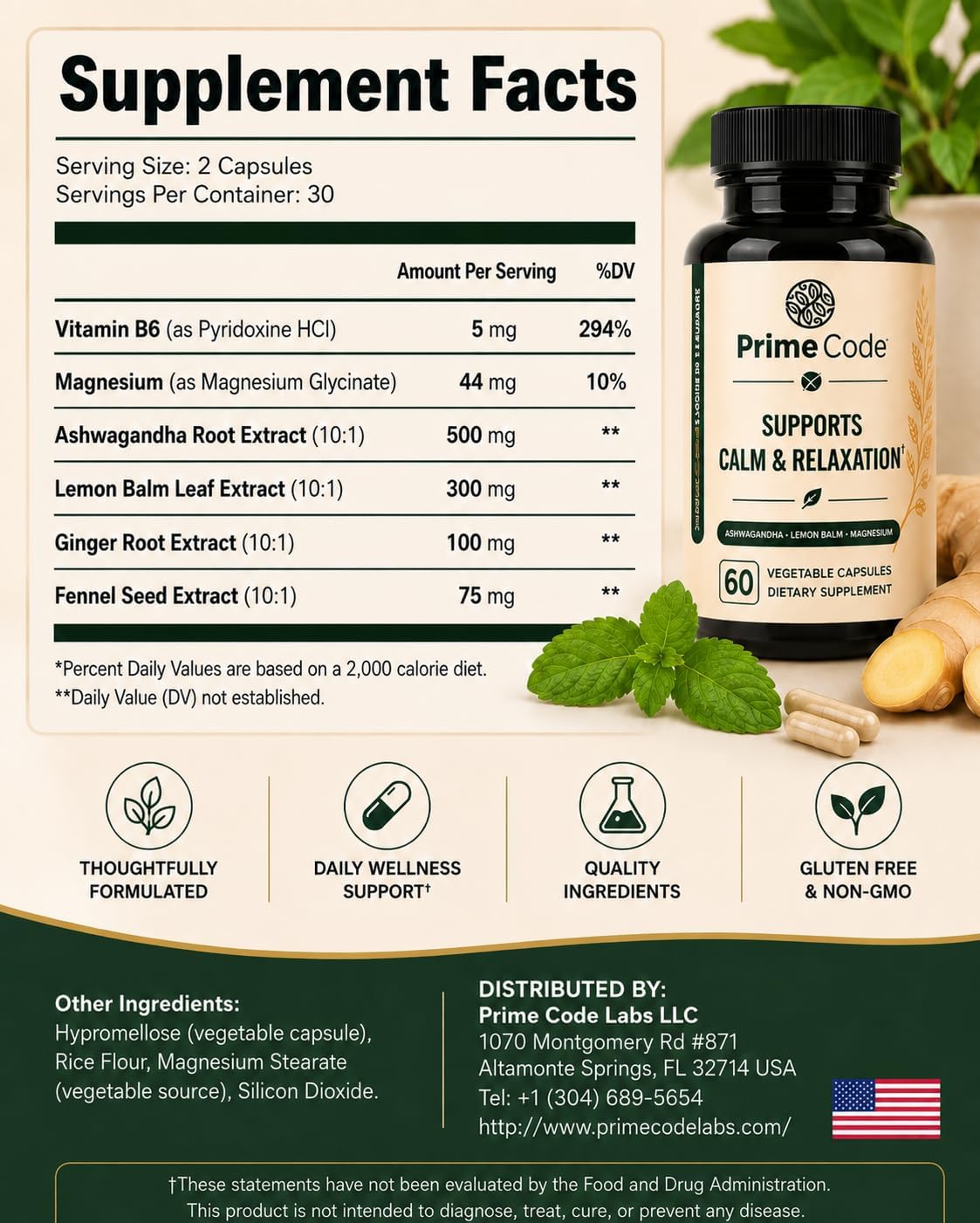 Prime Code Ashwagandha Supplement with Magnesium & Lemon Balm, 60 Capsules