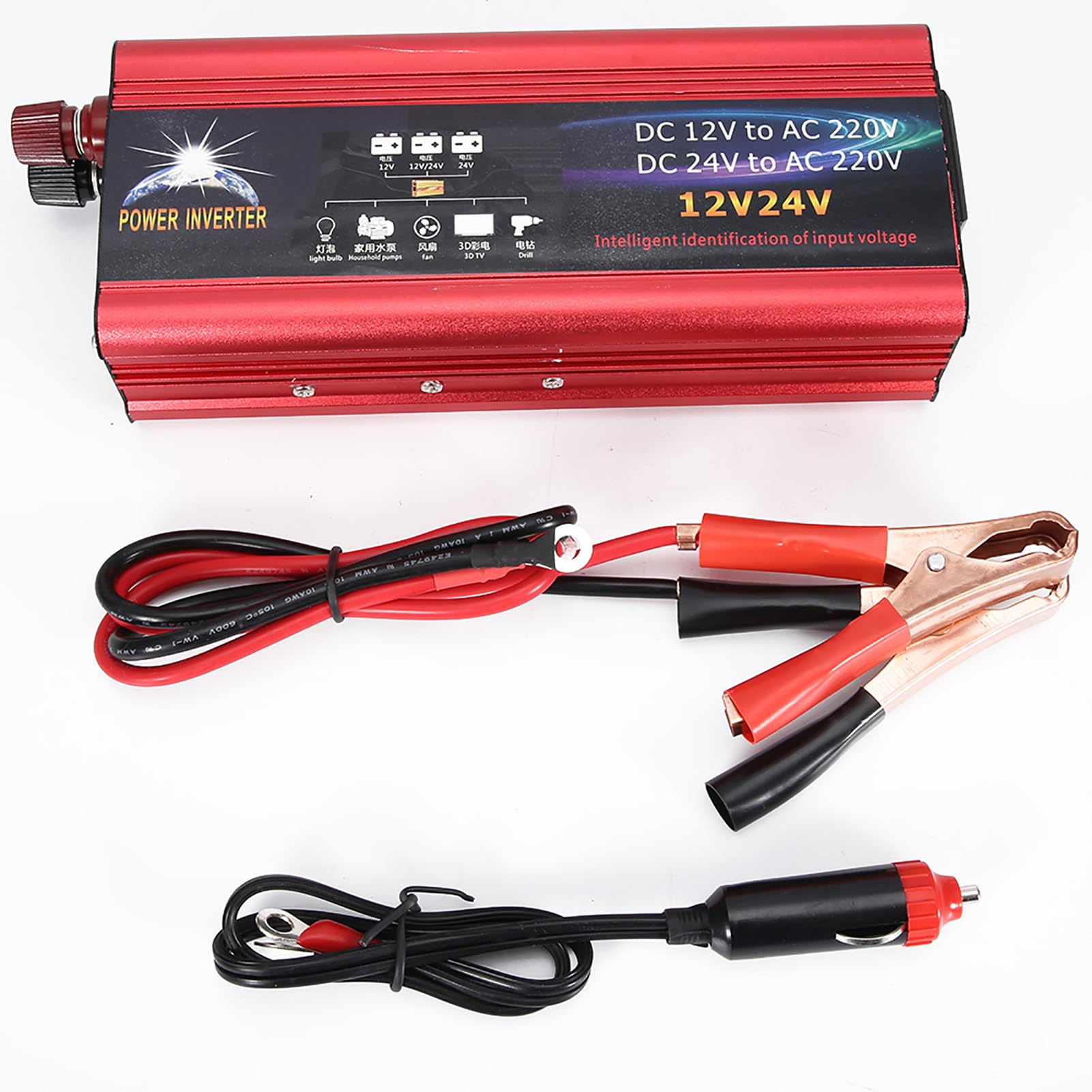 Inversor 2000W 12V/24V a 220V, Convertidor de Corriente para Coche, Inversor Solar de Onda Sinusoidal Pura para Autocaravana, Furgoneta, Barco
