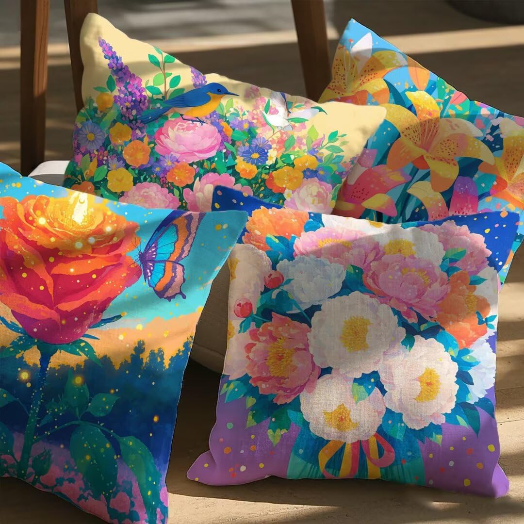 Lot de 4 Housse de Coussin 45x45cm,Housse de Canapé Fleur Motif Décoratif Imperméable Lin Taie d'oreiller avec Fermeture Éclair Invisible,Salon Chambre à Coucher Décoration de Maison,Printemps Ym227