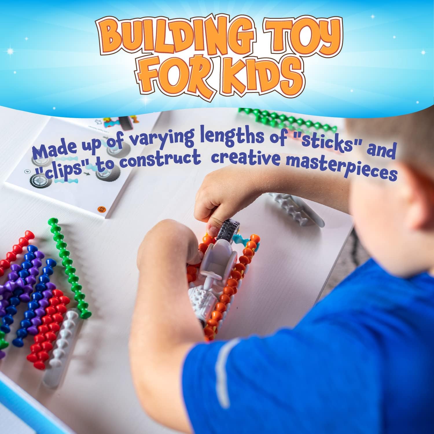 POPULAR PLAYTHINGS Clipstix Building Sticks Kit for Kids, Construction Stem Building Gift for Boys & Girls, Playstix - Deluxe 150 Piece