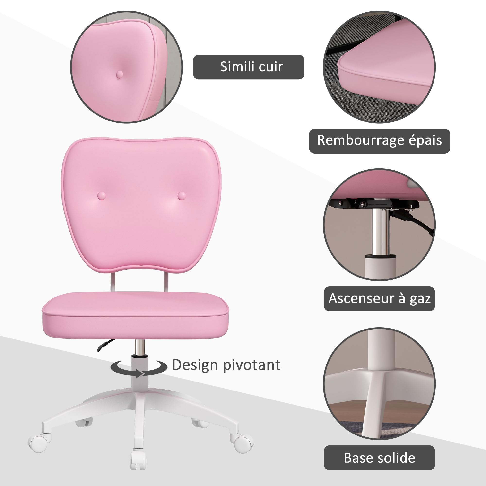 Vinsetto Chaise de Bureau sans Accoudoirs Hauteur Réglable Moderne Rose