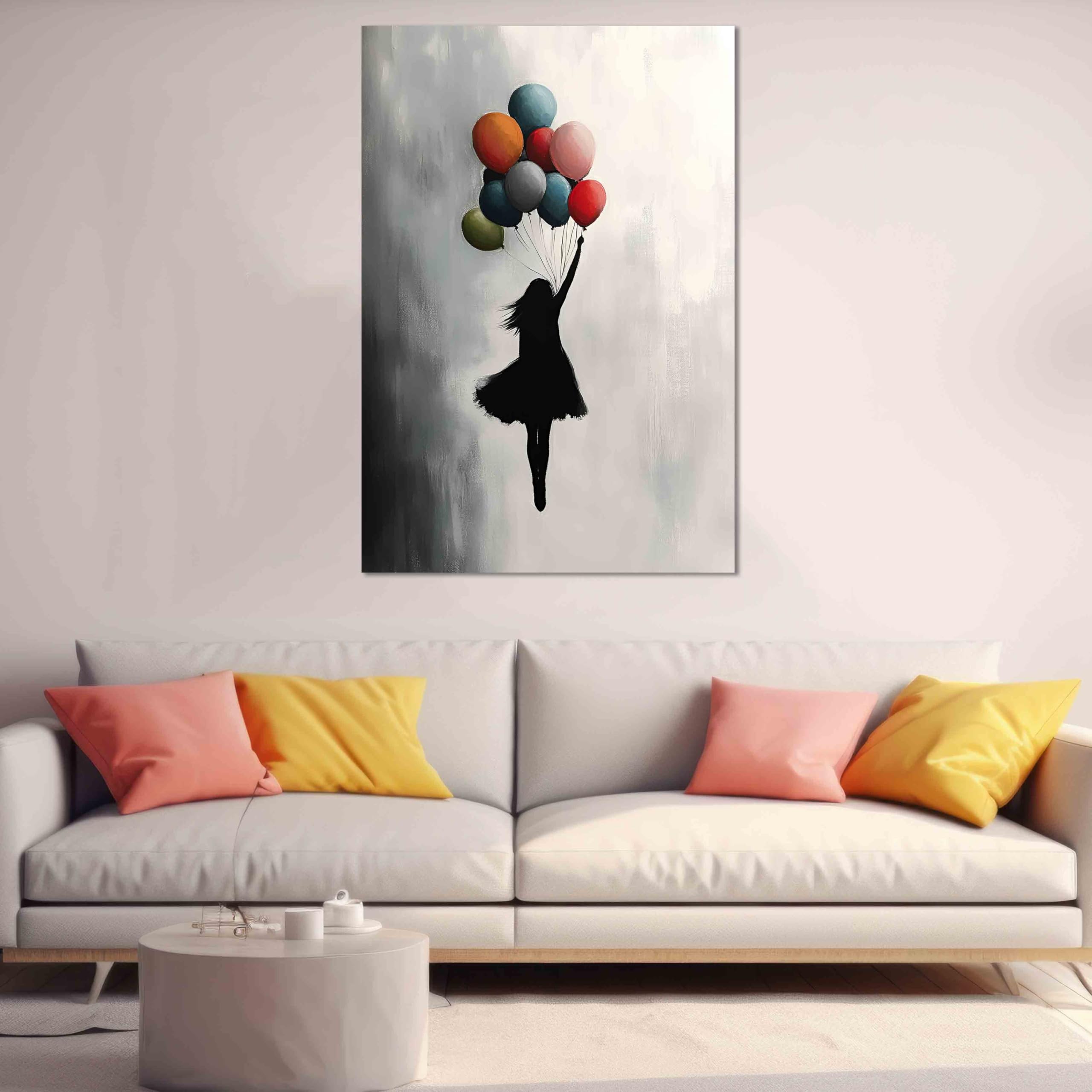 Kunstbruder Wandbild Banksy GirlFlyingBallons, Bunt, 60x80 cm | Hochformat, Leinwand, Graffiti Kunstdruck, Schlafzimmer & Wohnzimmer Deko