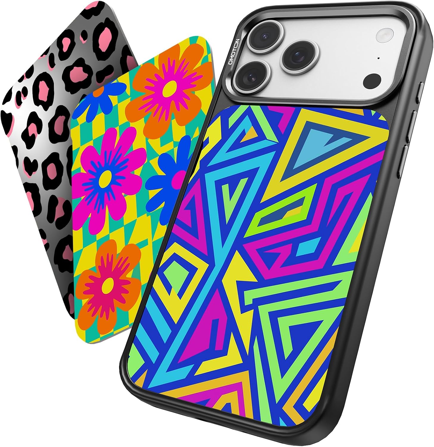 OMOTON for iPhone 17 Pro Max Case with Detachable Magnetic Backplates Black | Fit for MagSafe, Shockproof Drop Case for Women Girls with 3 Patterns (Floral /Mirror Leopard/Neon Triangle), 2-in-1 Function