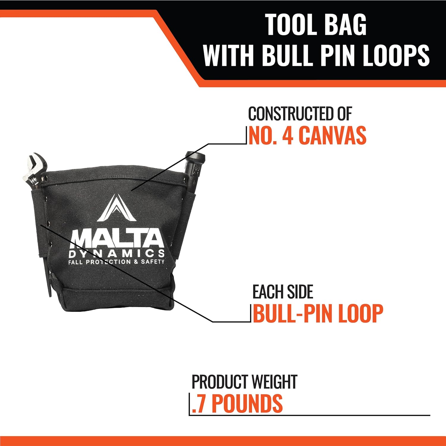 Malta Dynamics Tool Bag, Tool Pouch for Bolt Storage with 2 Bull Pin Loops and Tool Belt Connection, 9.75 x 10-Inch | Durable Double Bottom | Lightweight Canvas