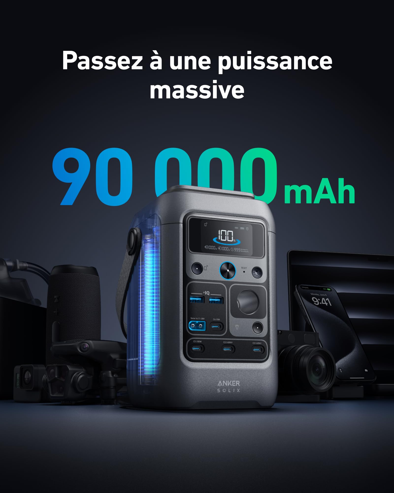 Anker SOLIX C300 DC PowerBank, Station électrique, 288 Wh (90 000 mAh) pour Plusieurs appareils, Batterie LiFePO4, générateur Solaire 300 W, Camping, Voyage et urgences (Panneau Solaire en Option)