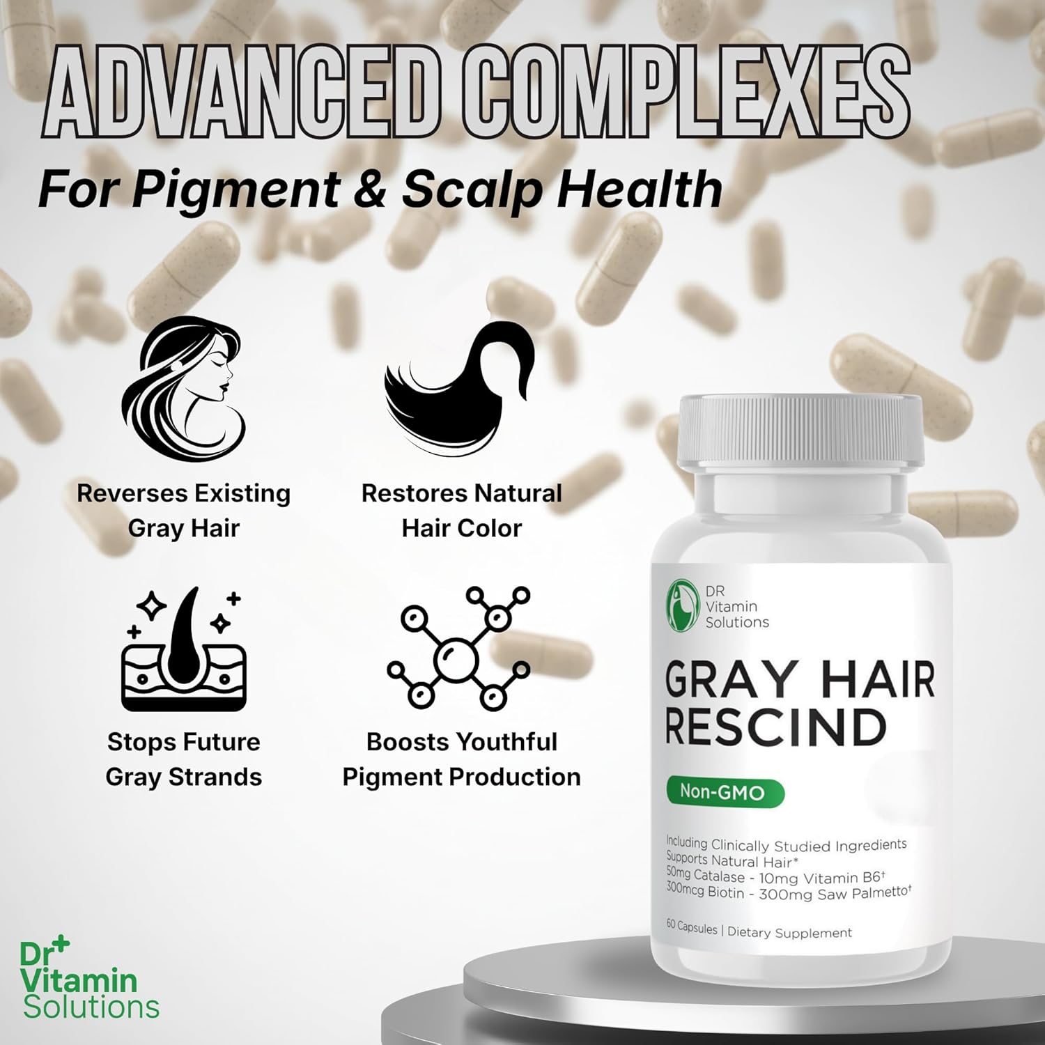 Gray Hair Rescind with Catalase - Antiaging Hair, Skin and Nails Vitamins, Pantothenic Acid, Folic Acid 400mcg, Biotin 300mcg, Saw Palmetto for Men and Women - Image 6