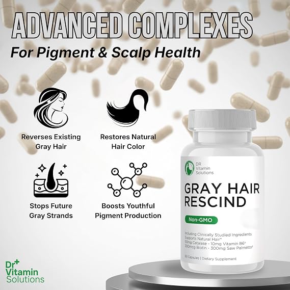 Gray Hair Rescind with Catalase - Antiaging Hair, Skin and Nails Vitamins, Pantothenic Acid, Folic Acid 400mcg, Biotin 300mcg, Saw Palmetto for Men and Women, 60 Capsules