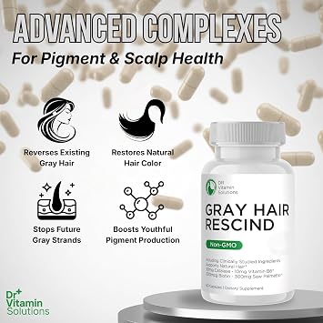 Gray Hair Rescind with Catalase - Antiaging Hair, Skin and Nails Vitamins, Pantothenic Acid, Folic Acid 400mcg, Biotin 300mcg, Saw Palmetto for Men and Women, 60 Capsules