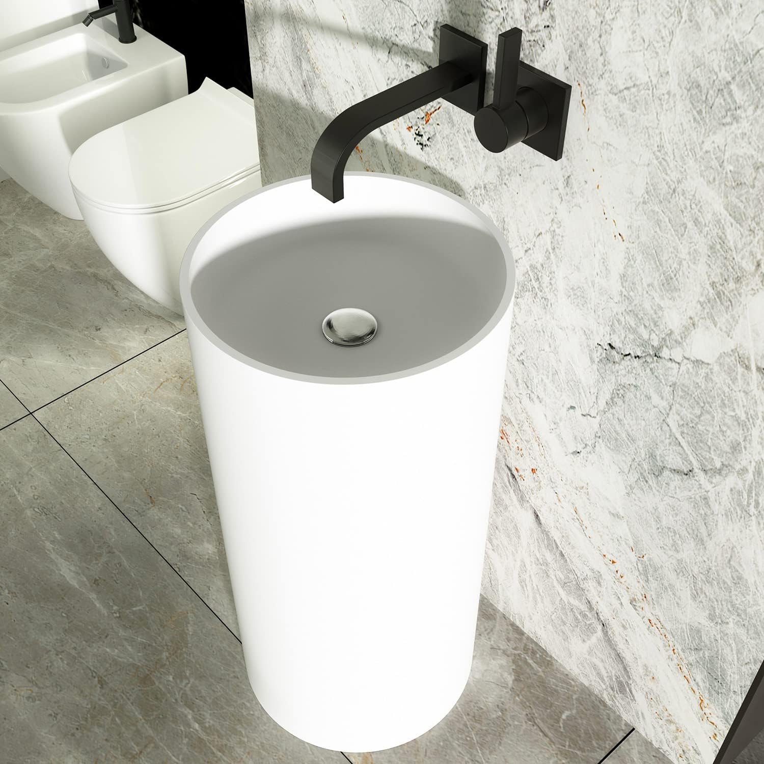Cpingao Matte White Solid Surface Pedestal Sink with Pop Up Drain Combo