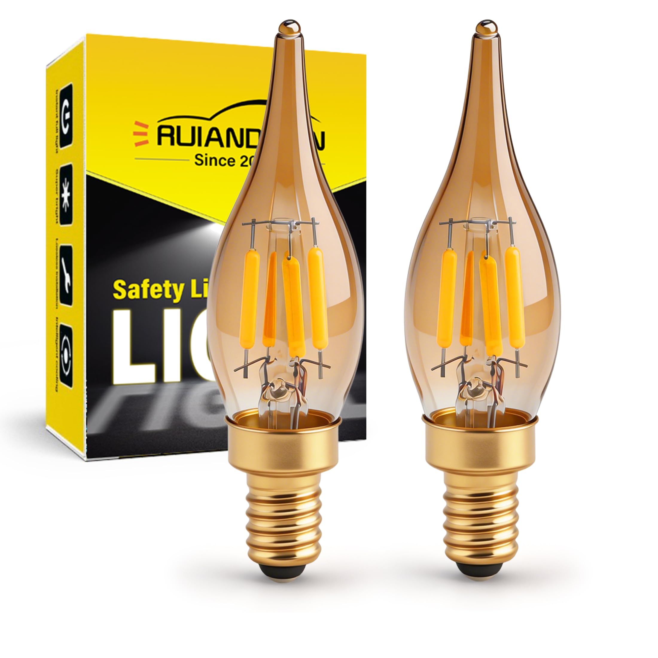 Ruiandsion E14 Amberglas-Lampe, 220-240V, warmes Leuchten, 12er-Pack CA7 mit 4 Filamenten, dekorative Lampe für Außenwandlampen, Fensterbeleuchtung