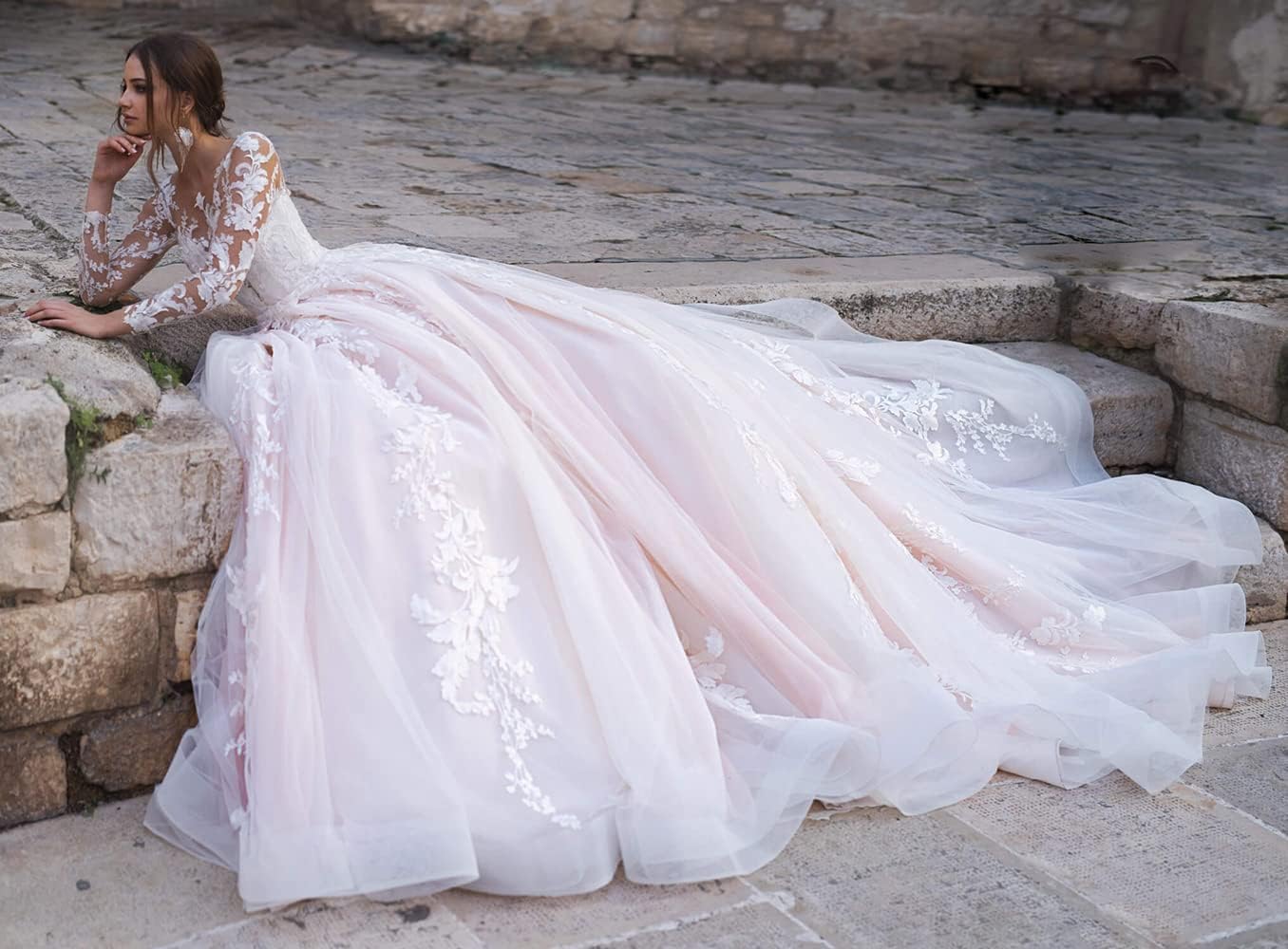 Spitzenapplikationen Brautkleider A-Linie Standesamt Lange Ärmel Brautkleid Hochzeitskleid Für Die Braut Mit Zug