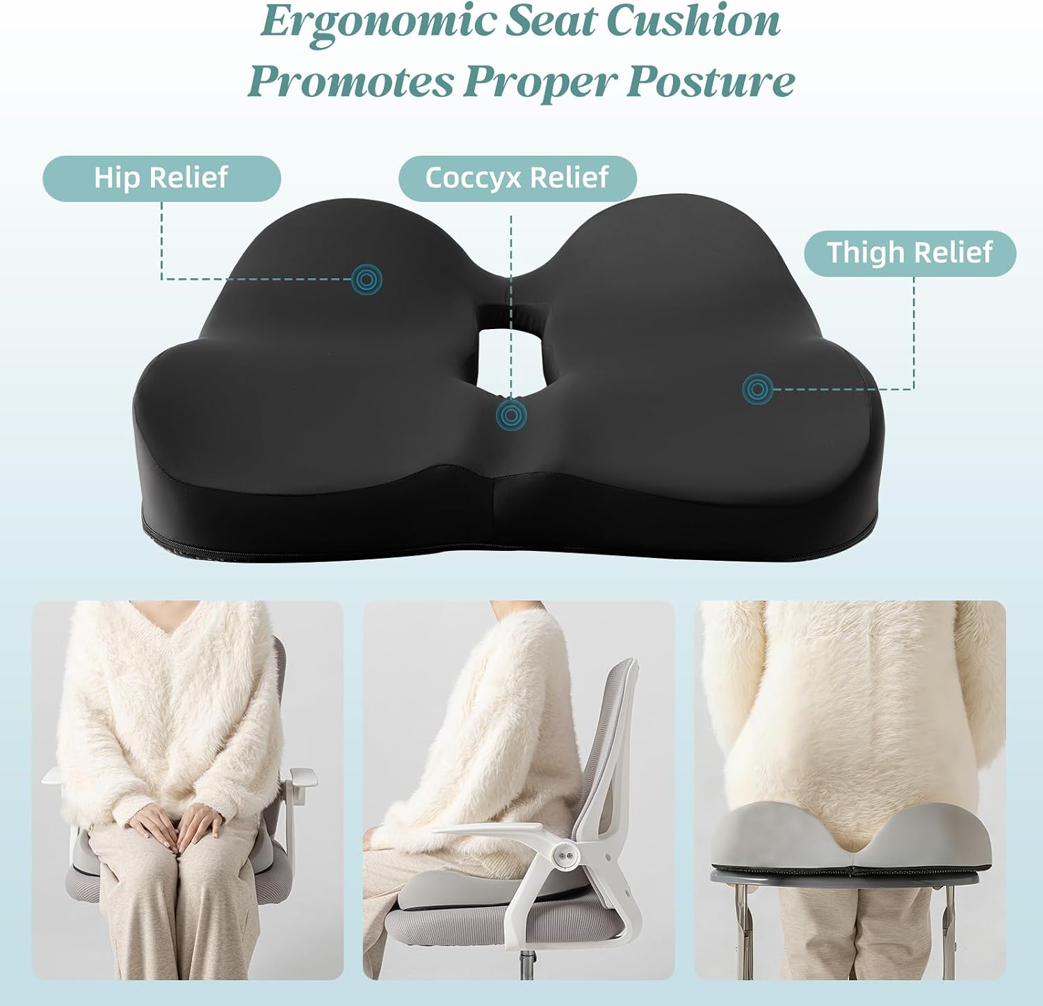 SheRest Seat Cushion, Ergonomic Memory Foam Cooling Cushion, Pressure Relief Suitable for Long Sitting Hours on Office Chairs, Desks, Cars and Airplane Seats, Black