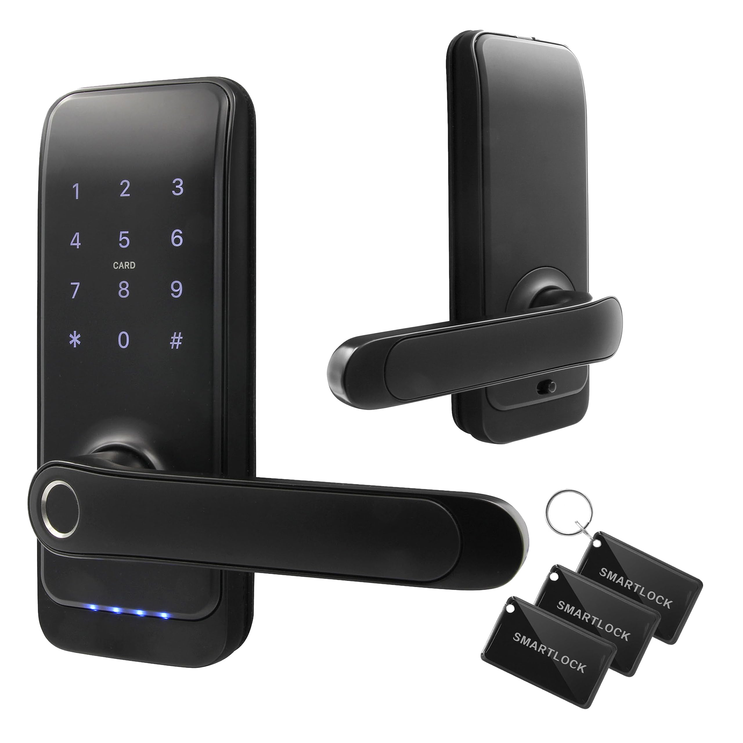 EURA ELH-01H4 Serrure de porte intelligente avec poignée, serrure à code, lecteur de proximité 13,56 MHz, lecteur biométrique, application TTLock/TTHotel, IP65, distance universelle des verrous, noir