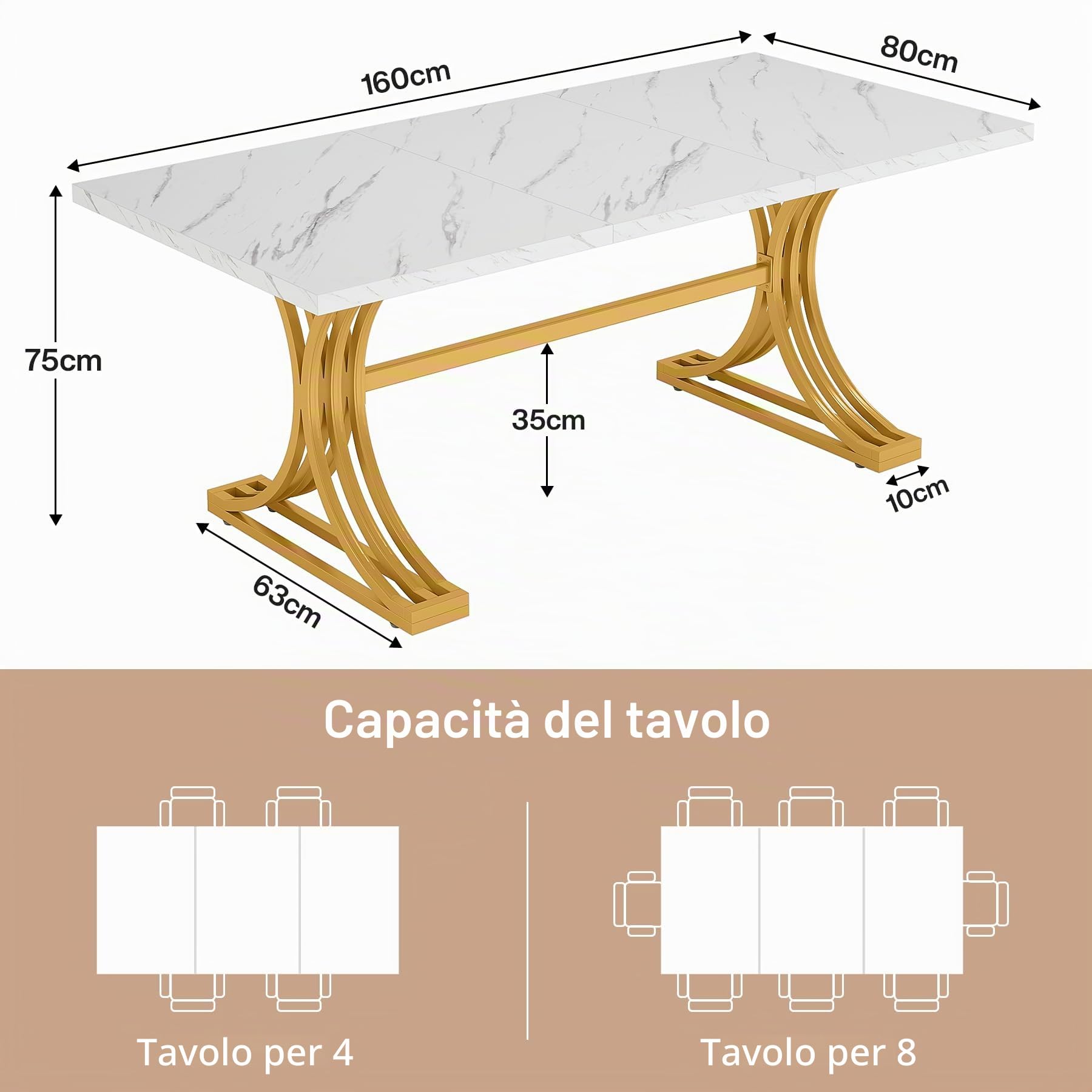 Tribesigns Tavolo moderno da 4 a 6, 160 x 80 cm, piano in finto marmo e gambe in metallo, grandi per sala da pranzo e cucina, bianco e oro
