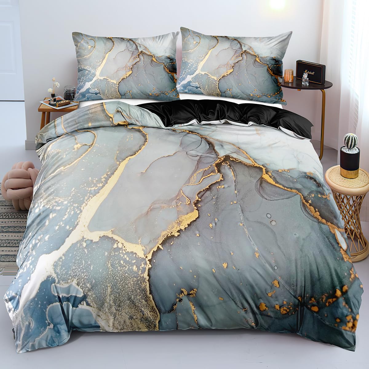 Luowei Marmor Bettwäsche 135x200cm Grau Weiche Mikrofaser Bettwäsche Set Hautfreundlich Atmungsaktiv Marmor Optik Bettbezug Set mit Reißverschluss und 1 Kissenbezug 80×80cm