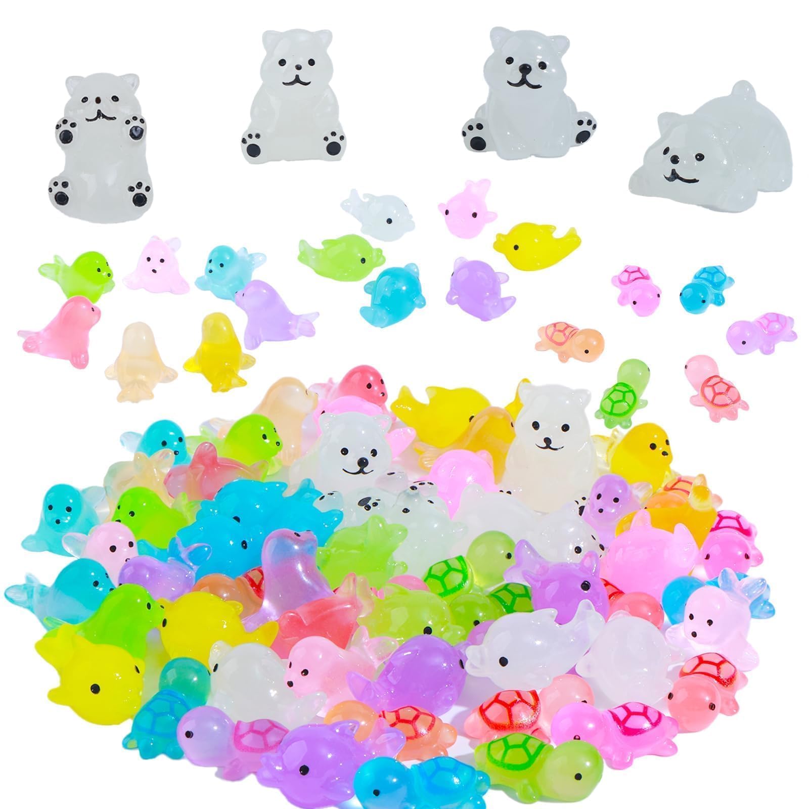 dsooldre 65 Pcs Luminous Mini Sea Animals Small Turtles Dolphins Seals Polar Bears Figurines Glow in The Dark Tiny Ocean AnimalsSets for Garden Landscape Aquarium Hide and Seek Prank Cake Decoration