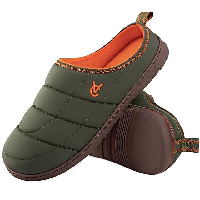 VeraCosy VeraCosy Men's Quilted Two-Tone Anti Skid Slippers Olive Drab,11-12 US