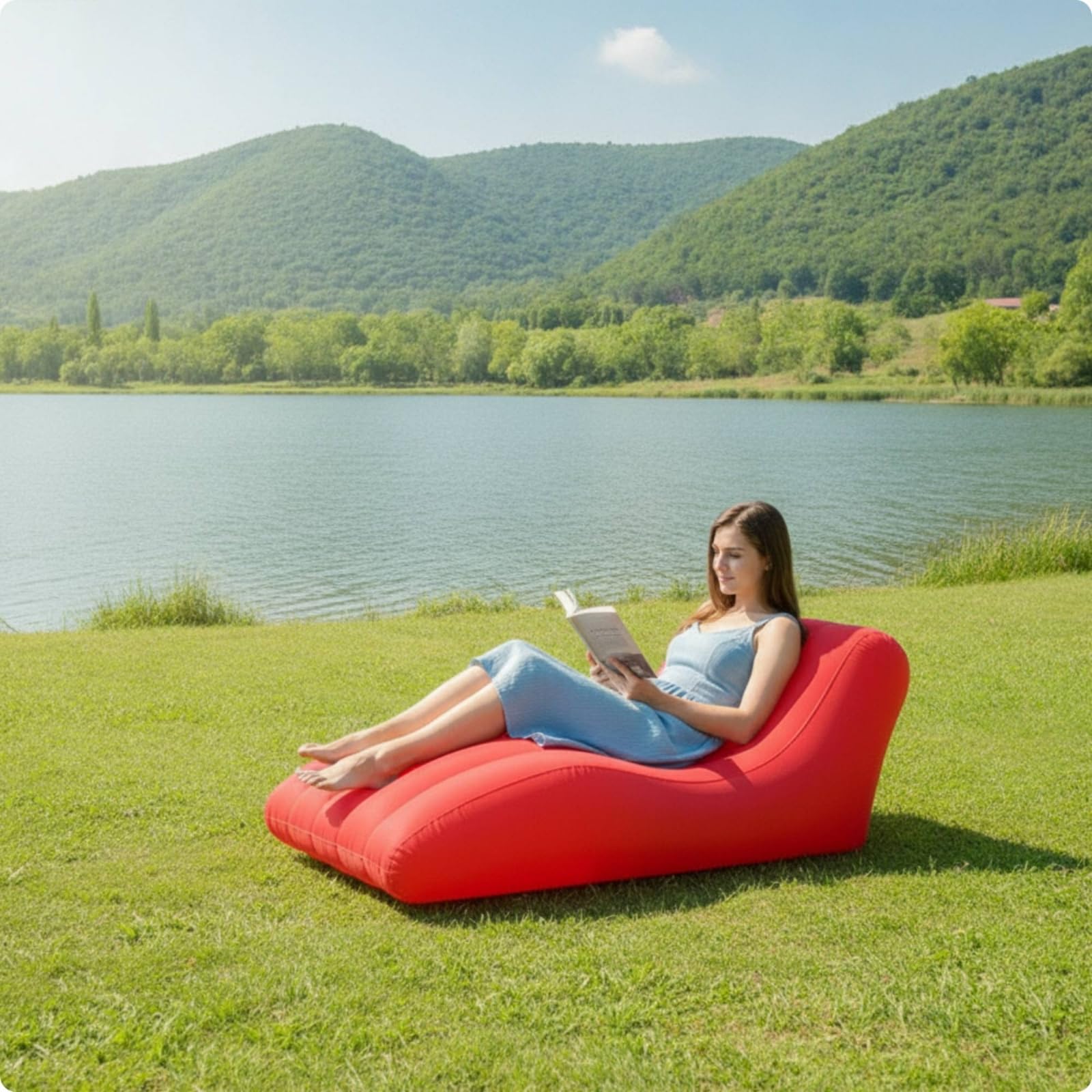 Aufblasbares Outdoor Sessel Couch Liege mit Stützender Rückenlehne Weichen Seitenpolstern Glatter Flock Oberfläche Einfach zu Verstauen für Garten, Kaffee