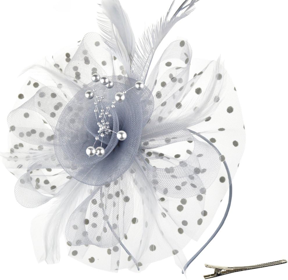 Fascinators Hat Flower Mesh Ribbons Feathers on a Headband and a Forked Clip Cocktail Tea Party Headwear for Girls and Women