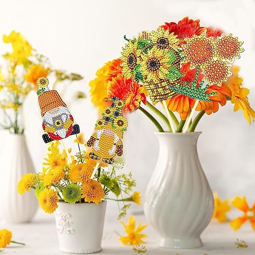 Miniatura 6 de 12 kits de pintura de diamante 5D para decoración de estacas de jardín, gnomo de girasol, centro de mesa de doble cara, palillos de mesa, adornos de
