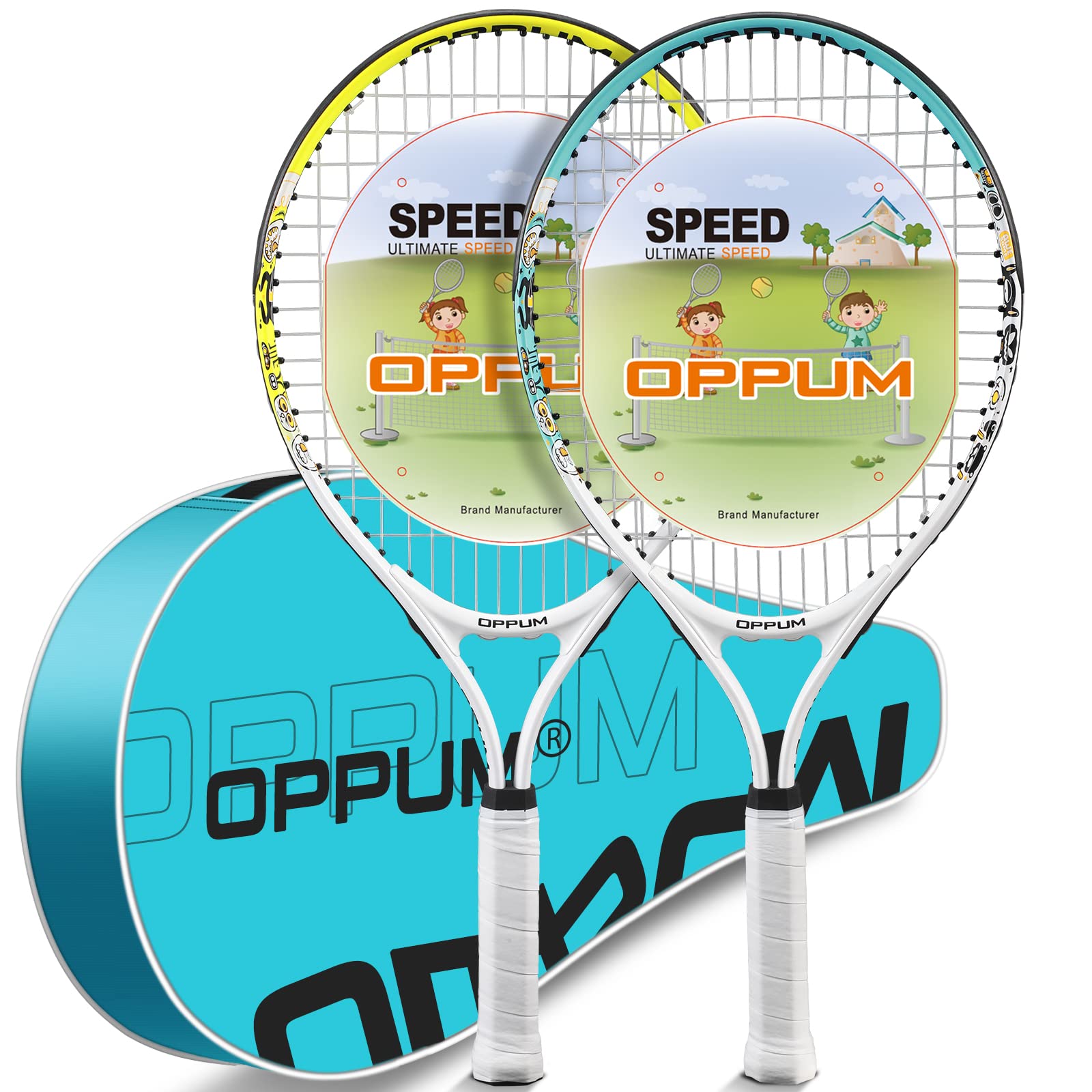 OPPUM Kids Tennis Racket (2-Pack), Sizes 19"-25". Designed for 2-14 Years Old. Affordable, Durable Gear for Fun and an Introduction to Tennis.