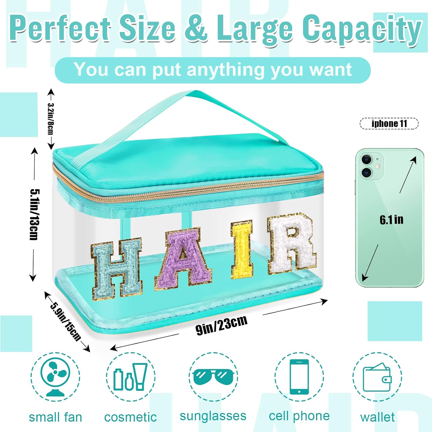 Chenille Letter Clear Makeup Bags Hair Pouch, Preppy Patch Makeup Bag Zipper with Handle, Transparent PVC & Nylon Waterproof Glitter Cosmetic Handbag Travel Toiletry Storage for Women Girl(HAIR-Green) - Image 2