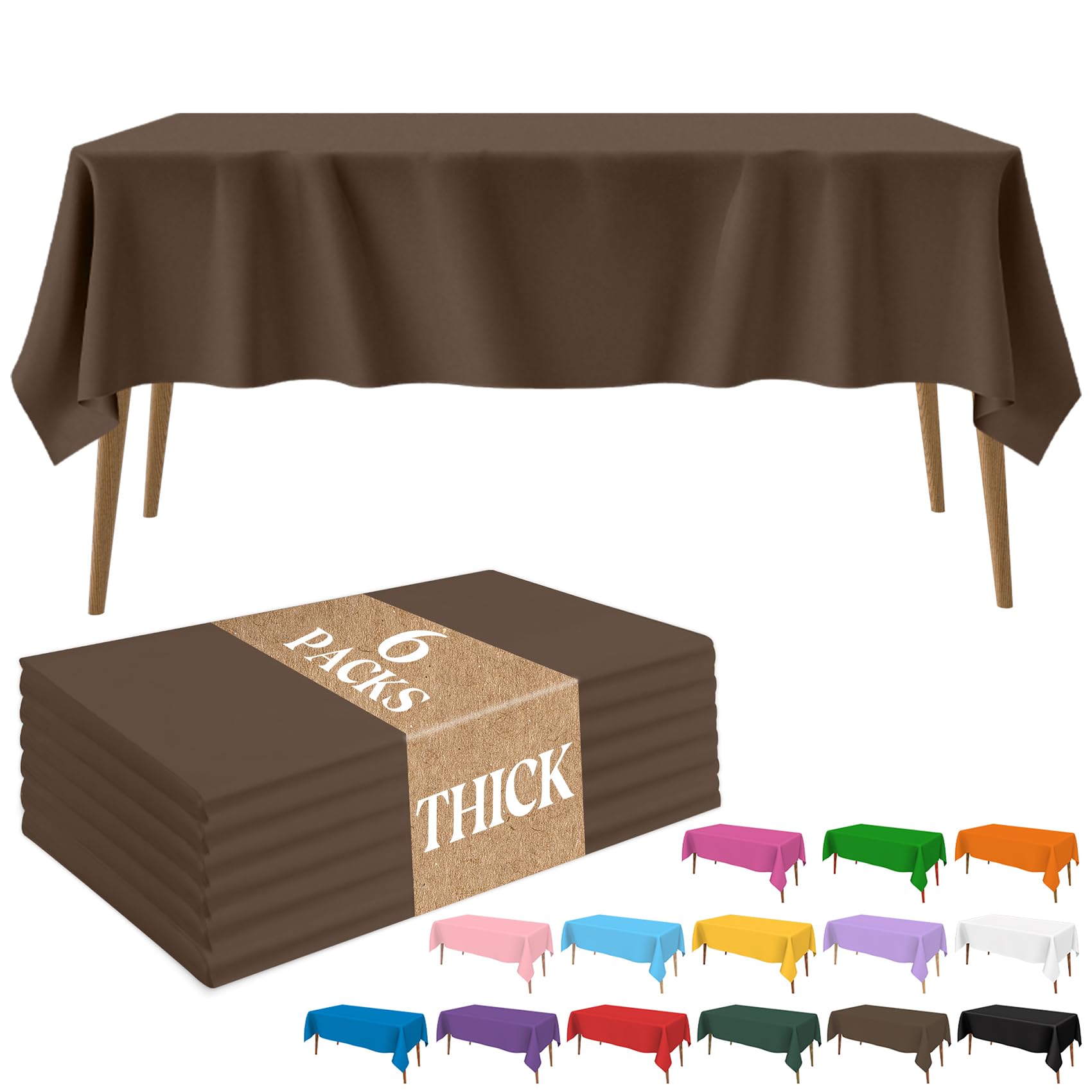Slergut 6 Pack Plastic Table Cloth, Brown Thick Table Cloth Rectangle Table Cover 54 x 108 Inch Disposable Waterproof Tablecloth for Parties Camping