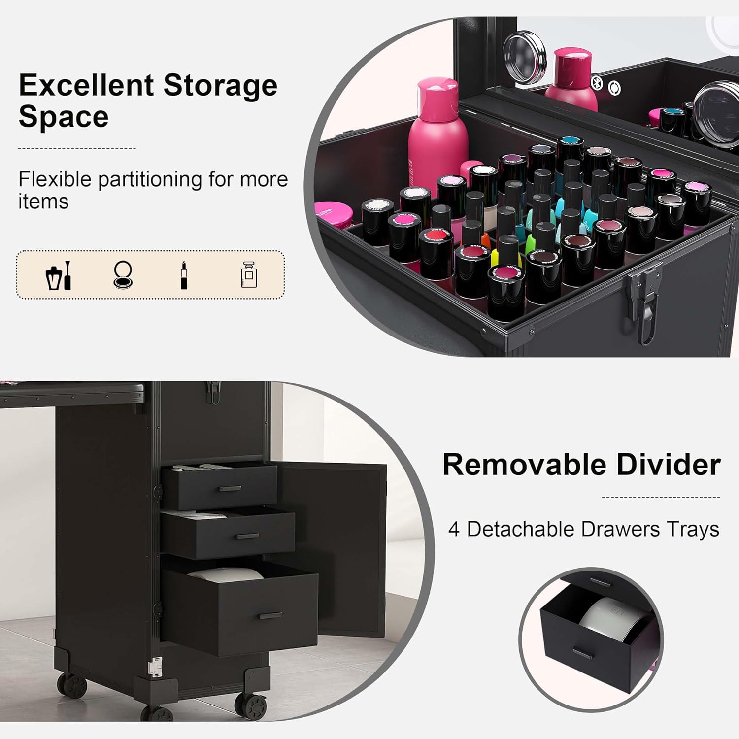 Portable Nail Table with LED Mirror, Foldable Nail Tech Desk with Bluetooth, Rolling Manicure Table with 3 Lockable Drawers, Bluetooth, Telescopic Handle (Black)