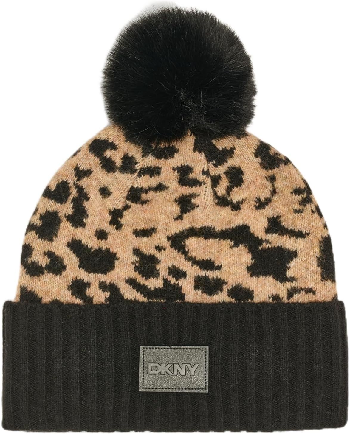 DKNY Women's Animal Print Beanie with Faux Fur Pom