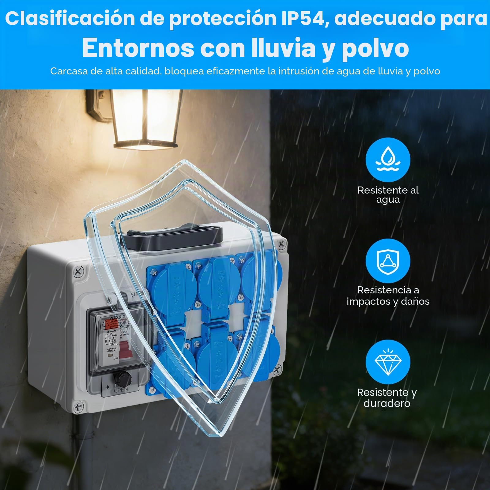 Distribuidor de corriente para construcción 16 A IP67 con base Schuko de 6 tomas e interruptor diferencial 30 mA, 230 V, caja de distribución de corriente para obras, jardín exterior, distribuidor de
