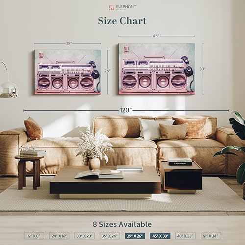 Miniatura 5 de Elephant Stock Arte de pared retro Boombox - Lienzo envuelto horizontalmente - Decoración de pared de sala de estar de 1 pieza - Impresión en lienzo