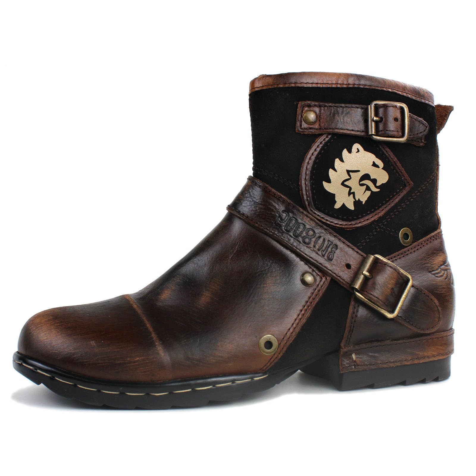 OSSTONE Herren Stiefel aus Rindsleder Lederstiefel mit Gummisohle Biker Boots mit Reißverschluss Männer Stiefeletten OS-5008-1-BP-DE-R